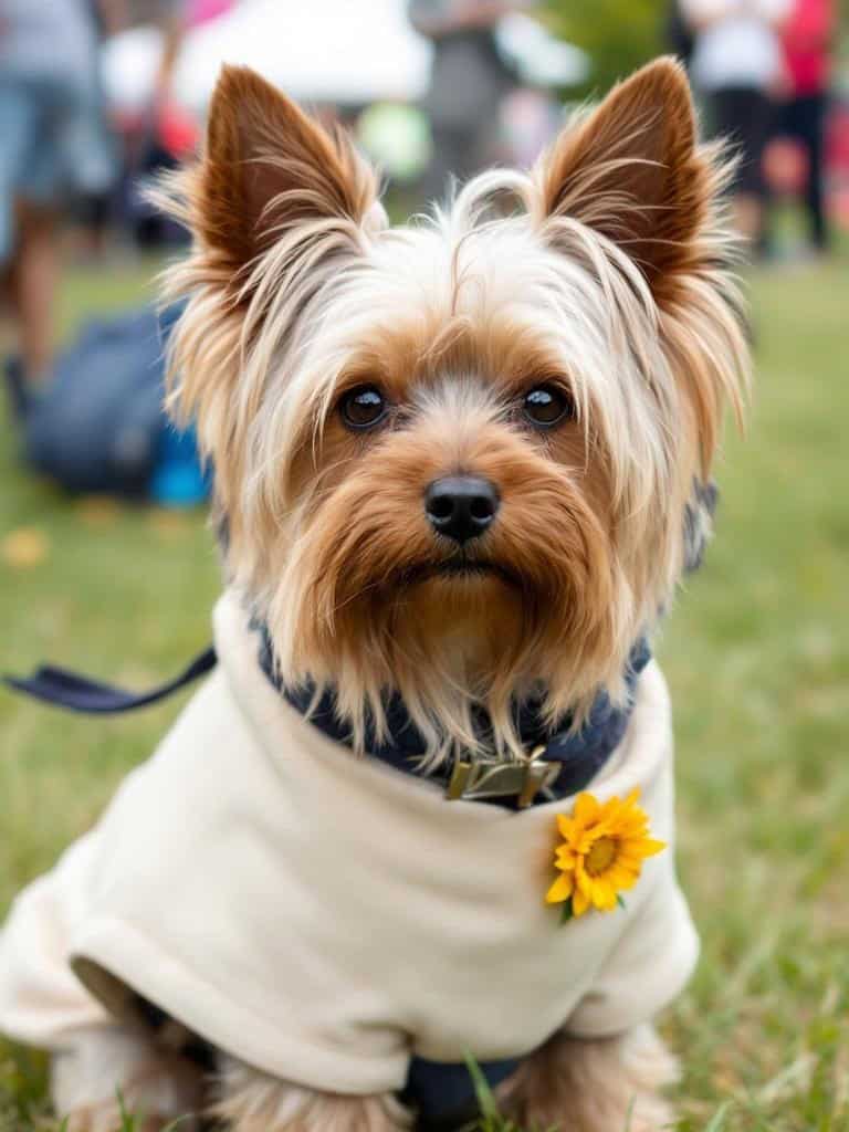 A Yorkshire Terrier in a tuxedo with a bow tie and a hair accessory, looking adorable and ready for a special occasion.