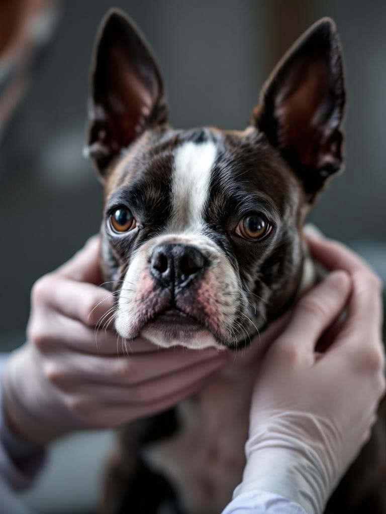 A Boston Terrier being examined by a vet, highlighting the importance of skin health.
