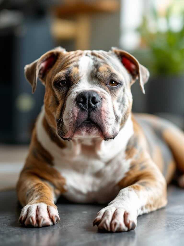 A Staffordshire Bull Terrier laying down, looking calm and relaxed after grooming.