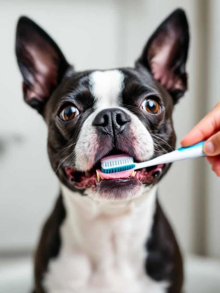 A Boston Terrier having its teeth brushed, showcasing dental hygiene care.