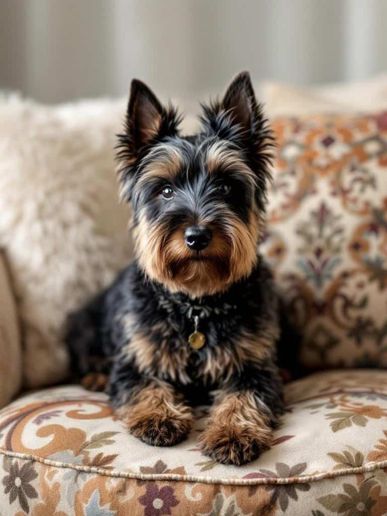 A Scottish Terrier with a stylish haircut, featuring a playful fringe, sitting on a patterned couch.
