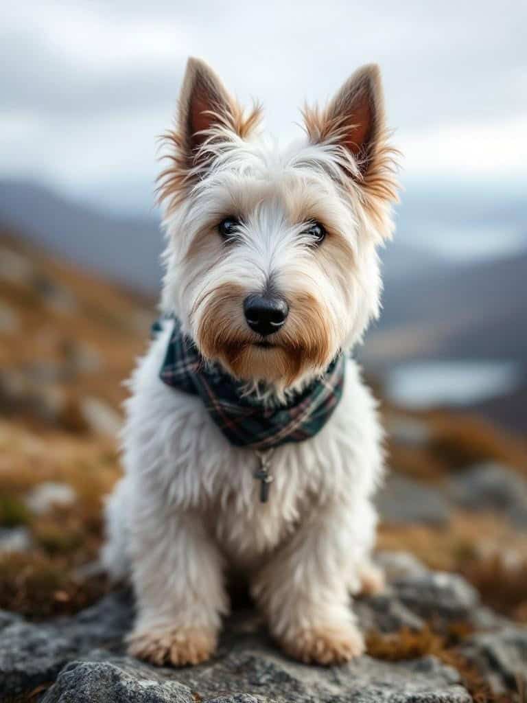 A West Highland White Terrier with a stylish haircut, sitting on a rocky surface.
