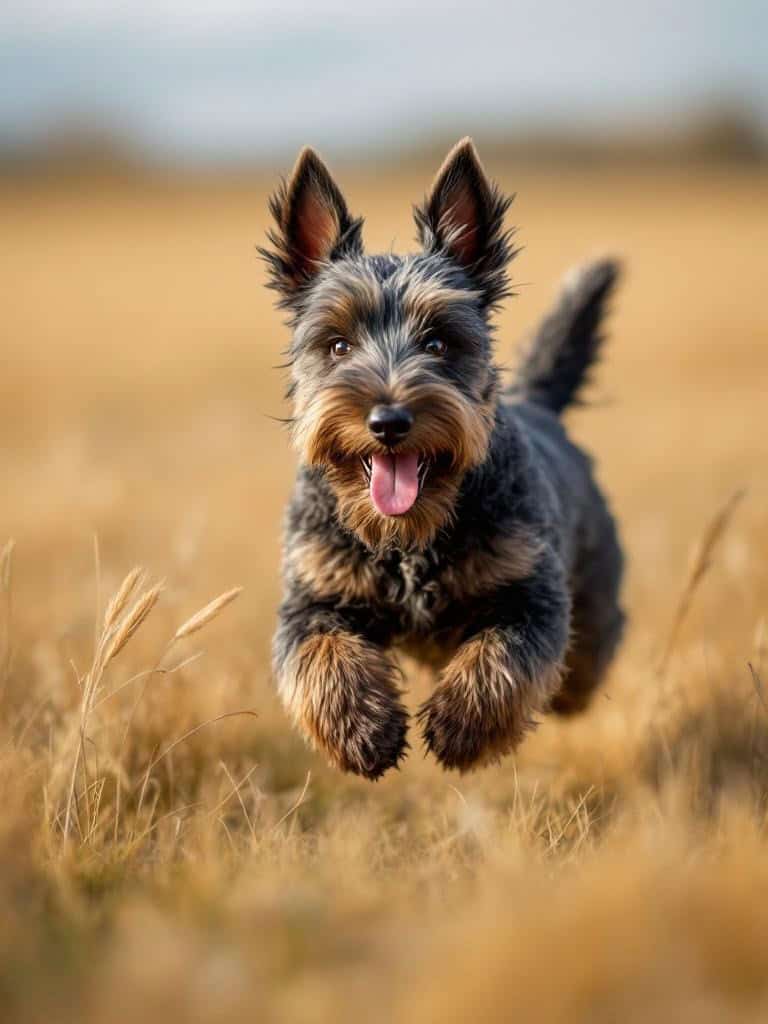 A happy Scottish Terrier running in a field with a joyful expression.