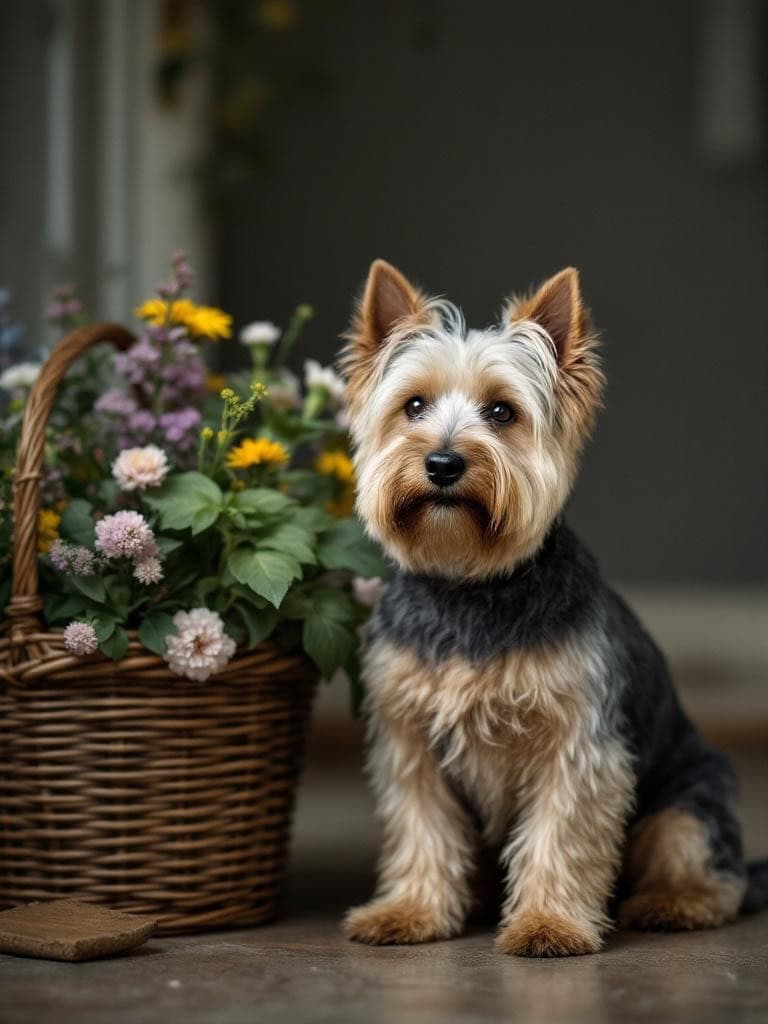 A Scottish Terrier with a charming bob cut, sitting beside a basket of flowers.
