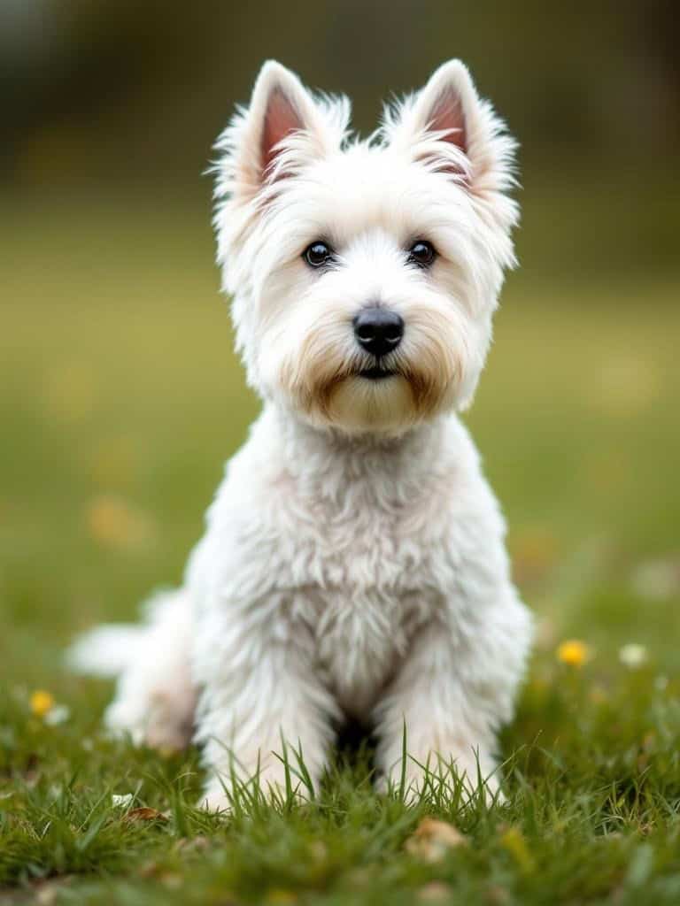A West Highland White Terrier with a classic haircut, sitting on grass.