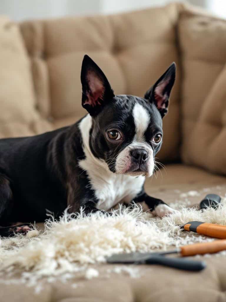 A Boston Terrier lying on a couch with fur scattered around, showcasing the shedding issue.