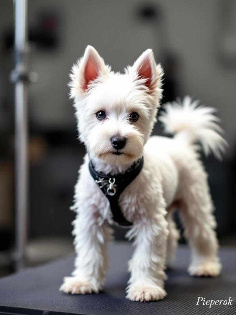 A Westie puppy with a show cut, looking cute and stylish.