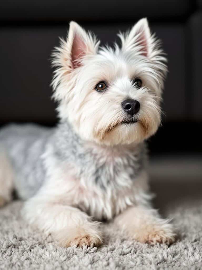 A West Highland White Terrier being groomed with scissors by a groomer.