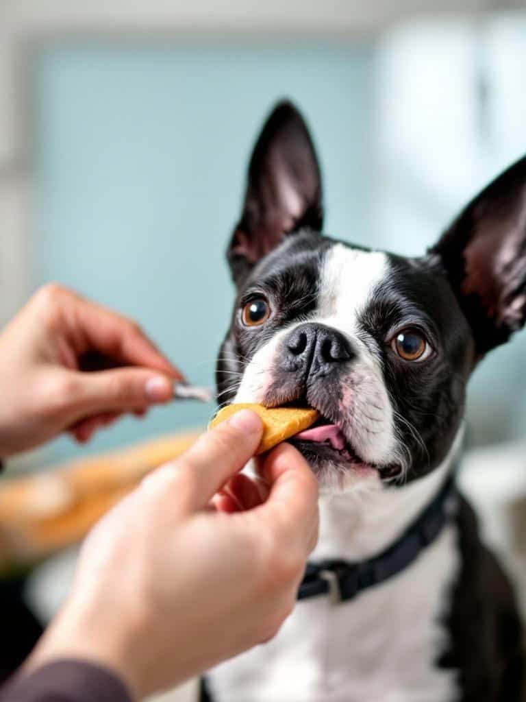 A Boston Terrier receiving a treat during grooming, showcasing positive reinforcement.