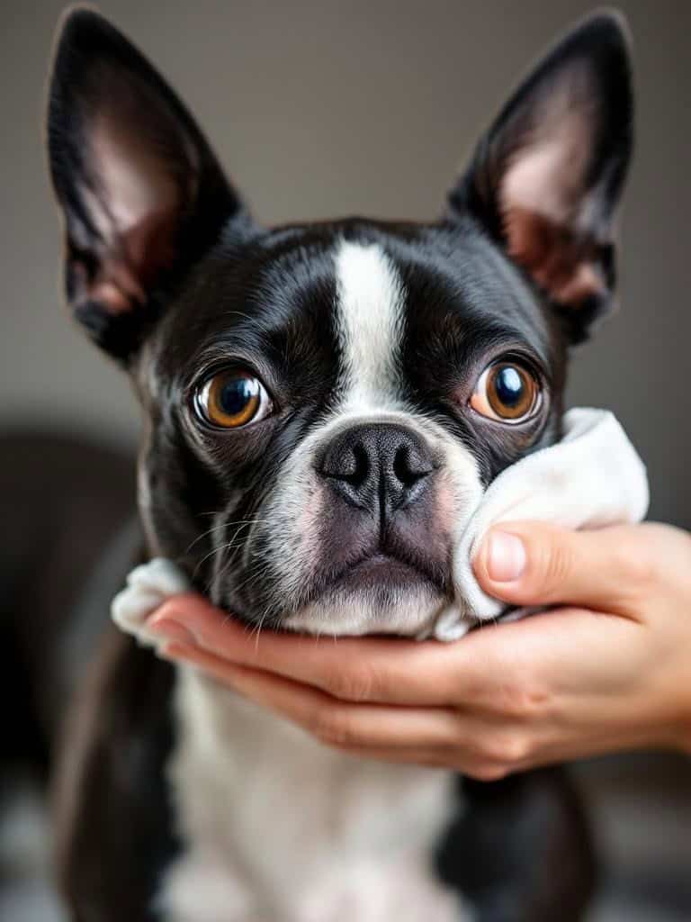 A Boston Terrier having its face gently wiped by a hand, emphasizing the importance of eye care.