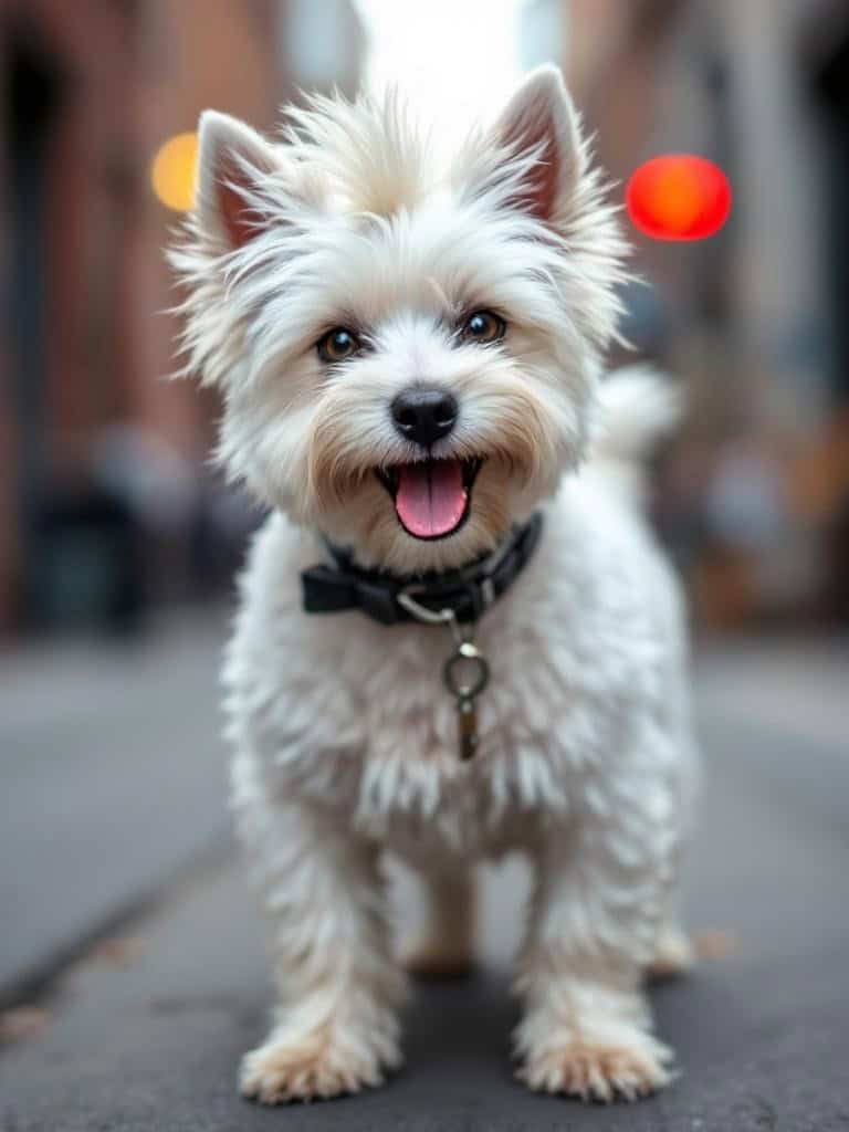 Westie Terrier with a colorful Mohawk hairstyle, smiling in an urban setting.