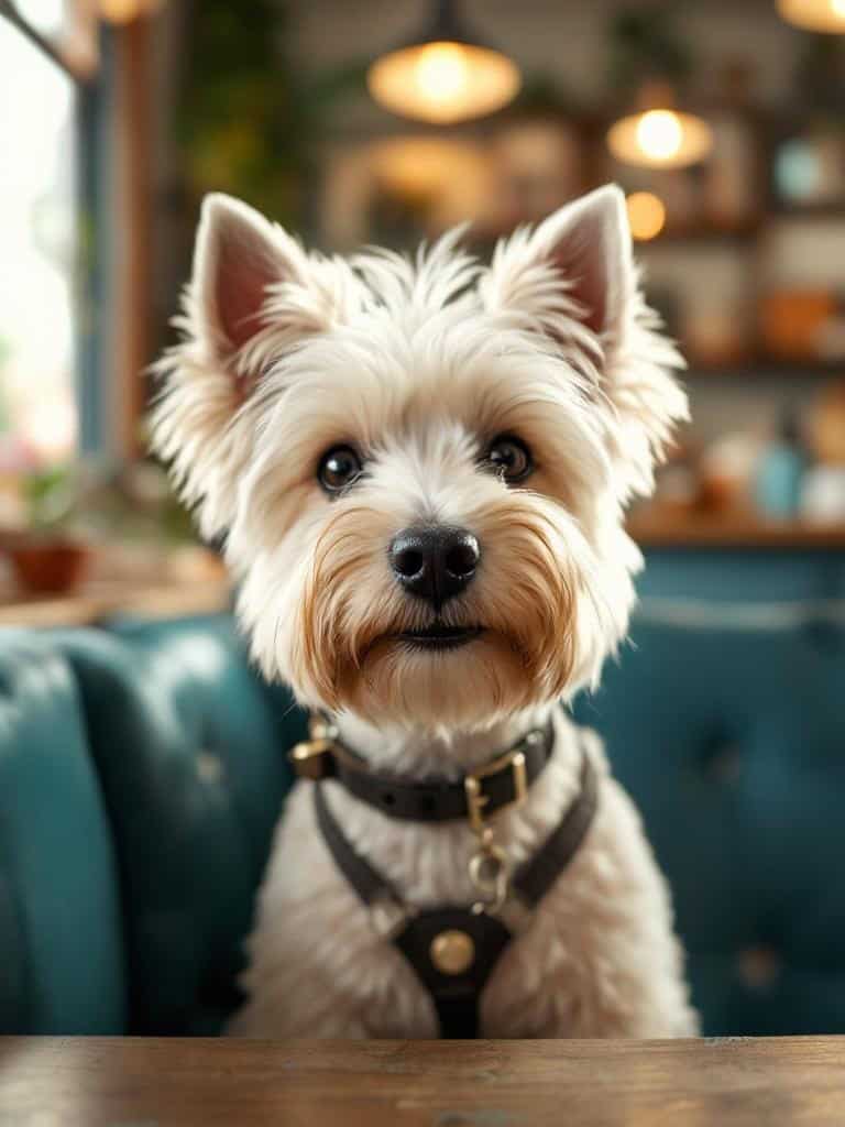 Westie Terrier with a retro haircut sitting at a table