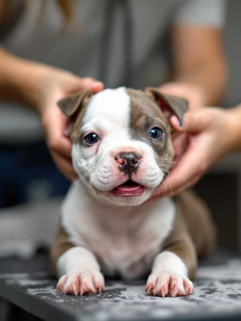 A Staffordshire Bull Terrier puppy being groomed with gentle hands.