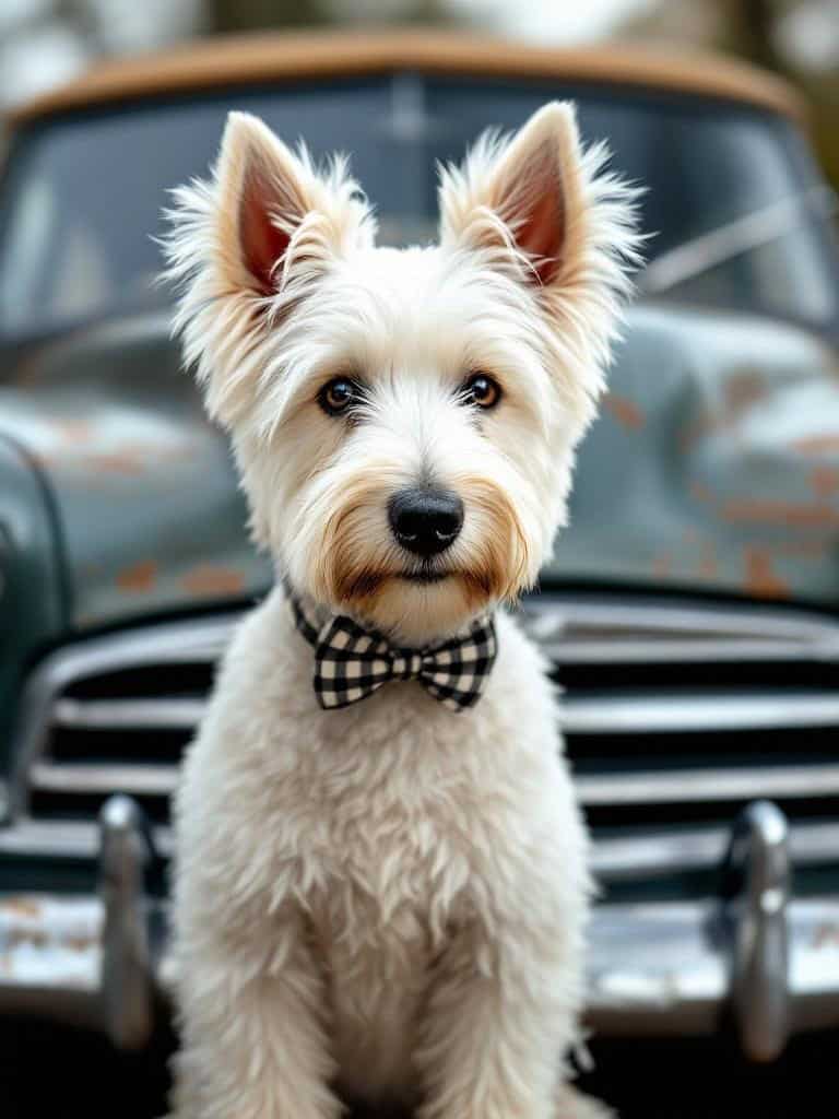 A Westie Terrier with a dapper haircut and a black and white checkered bow tie, sitting in front of a vintage car.