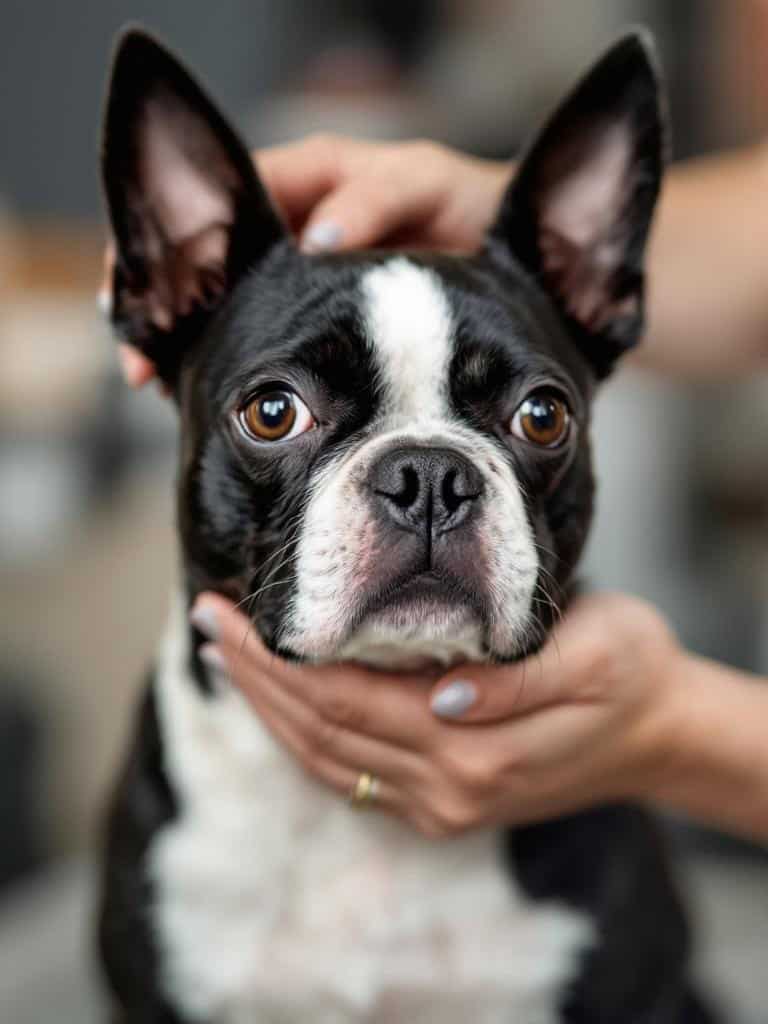 A close-up of a Boston Terrier being gently held by a person, focusing on its face and ears.
