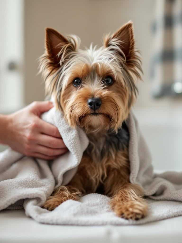 A Yorkshire Terrier wrapped in a soft towel after a bath, being gently dried.