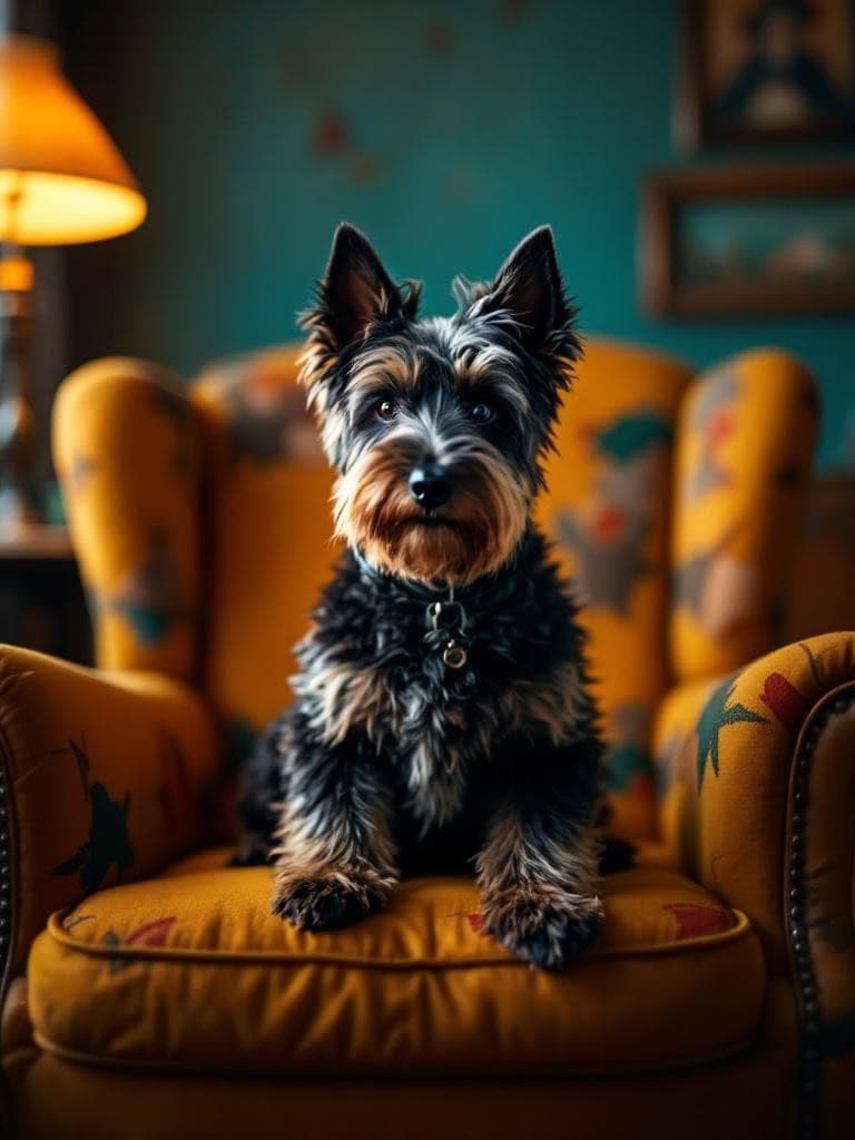 A Scottish Terrier with a vintage hairstyle sitting on a colorful chair.