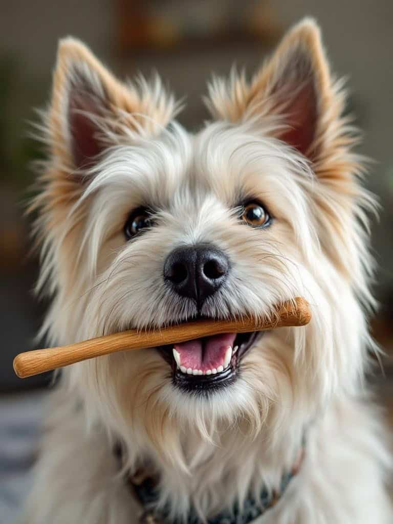 A happy Westie holding a dental chew in its mouth, showcasing its clean teeth.
