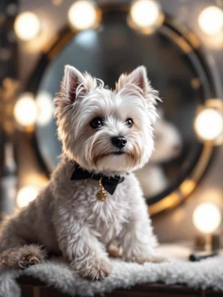 A West Highland White Terrier with a glamorous haircut and a bow tie, sitting in front of a mirror with lights.