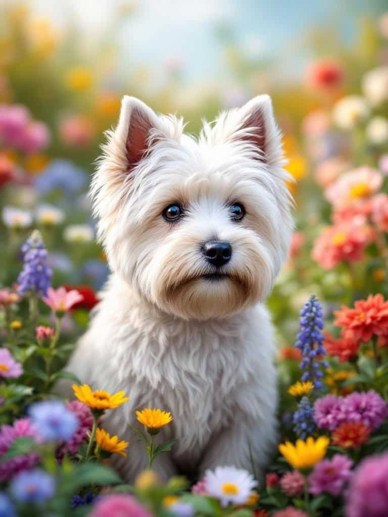 A fluffy Westie Terrier sitting among colorful flowers.