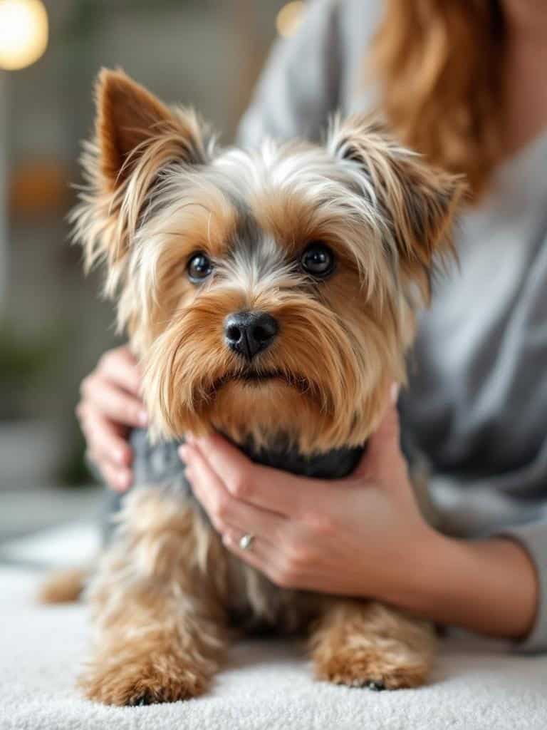 A Yorkshire Terrier being gently held by a person, showcasing a calm grooming environment.