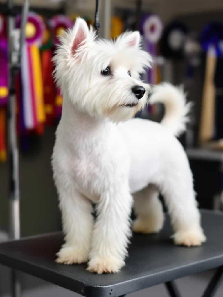 A Westie Terrier with a Show Cut, standing on a grooming table.