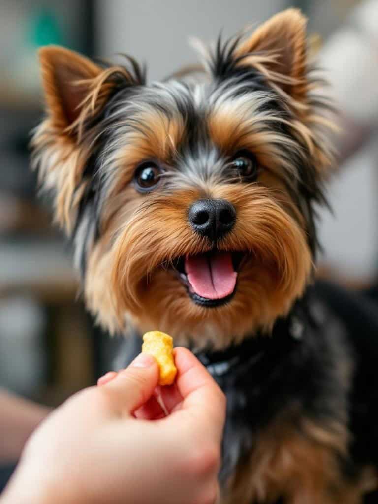 A Yorkshire Terrier eagerly waiting for a treat during grooming.
