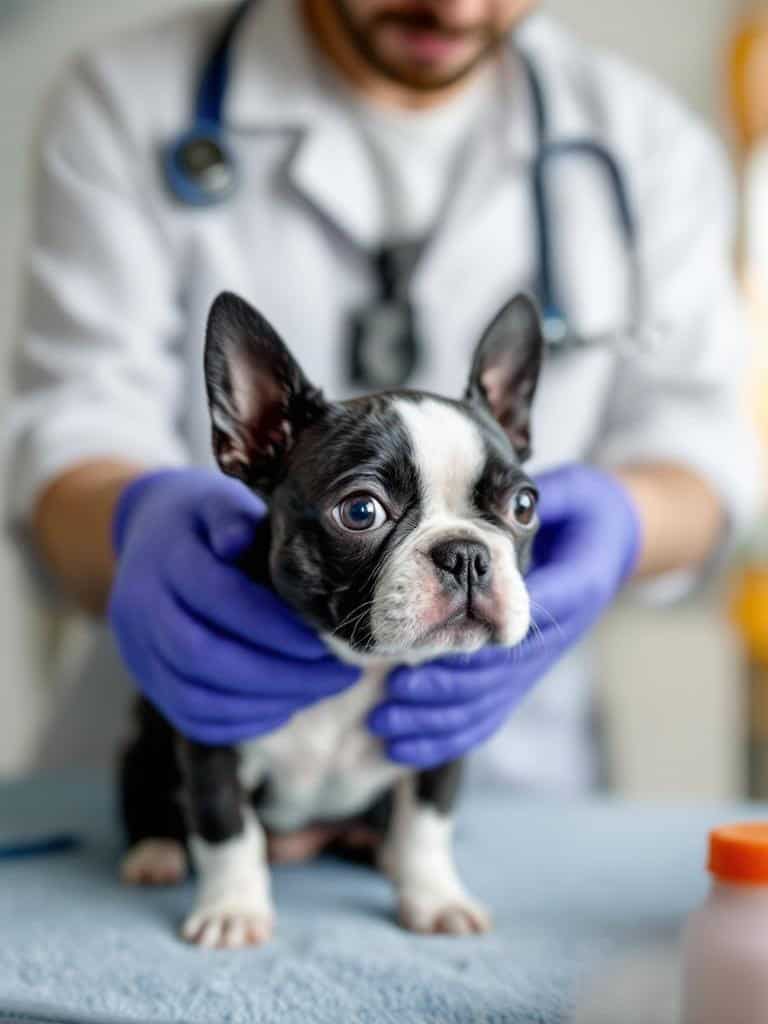 A veterinarian examining a Boston Terrier, showcasing the importance of professional grooming help.