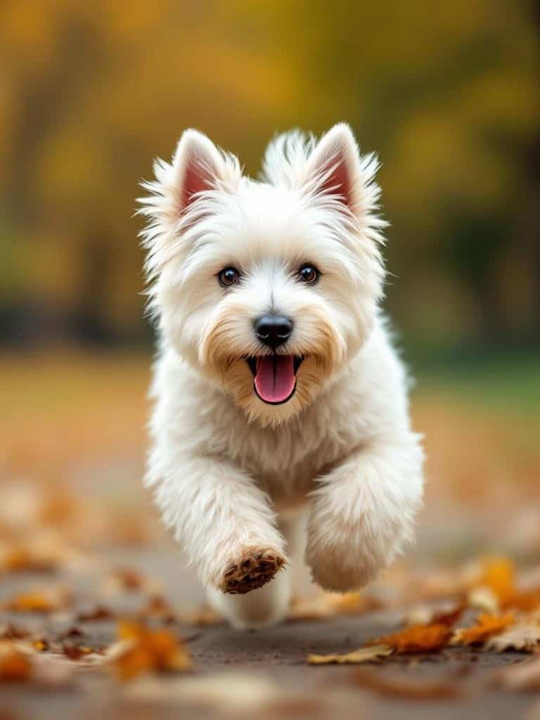 A Westie Terrier running happily in a park with autumn leaves.