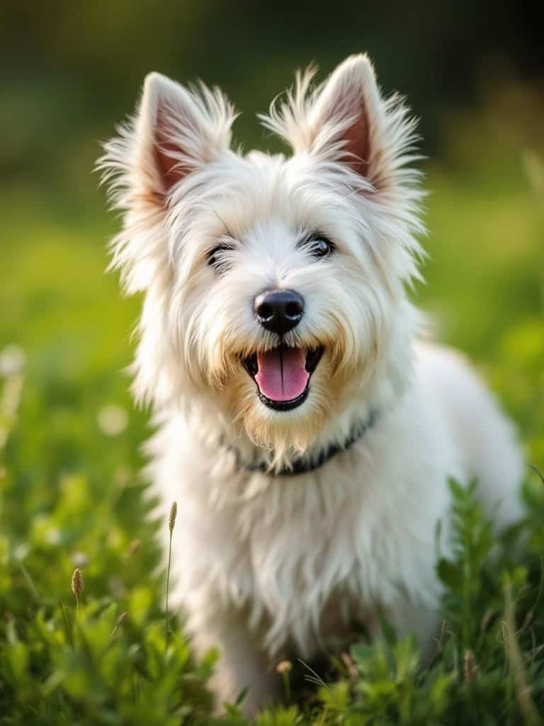A happy Westie Terrier with a fluffy coat, sitting in a green field.