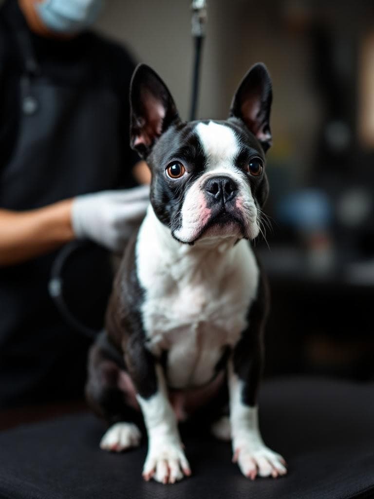 A Boston Terrier being groomed by a professional, showcasing its calm demeanor and well-groomed appearance.