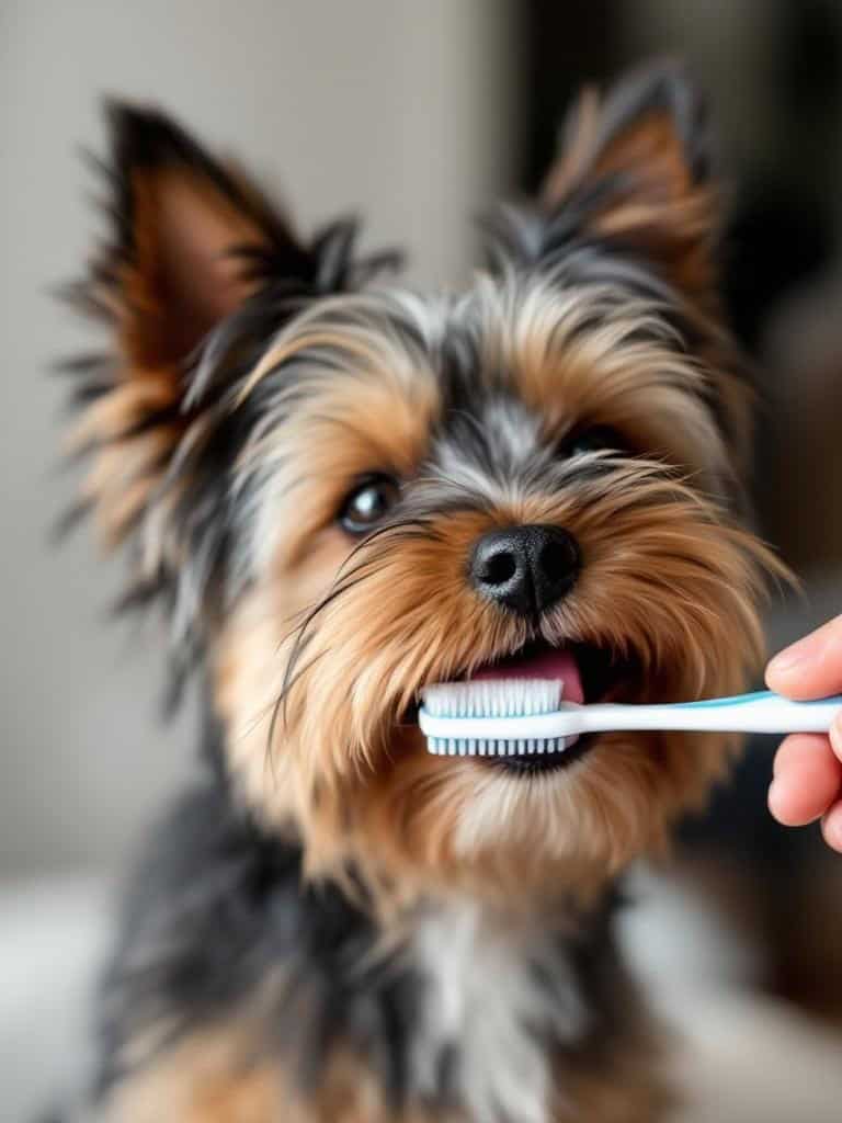A person brushing a Yorkshire Terrier's teeth with a toothbrush.