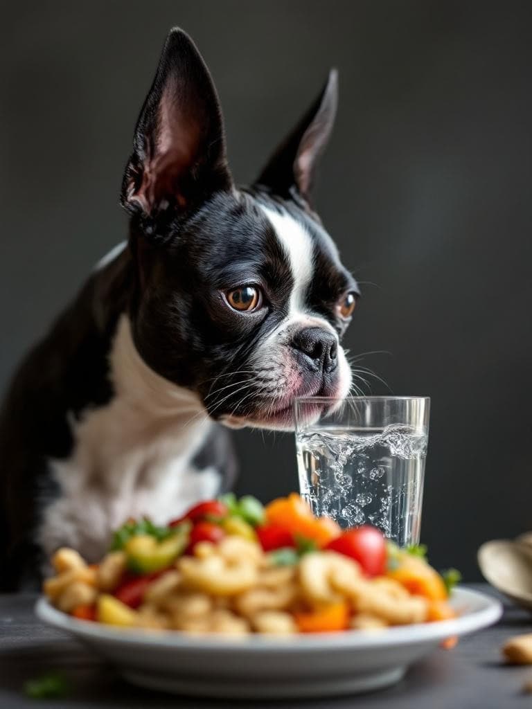 A Boston Terrier looking at a glass of water and a plate of colorful food.