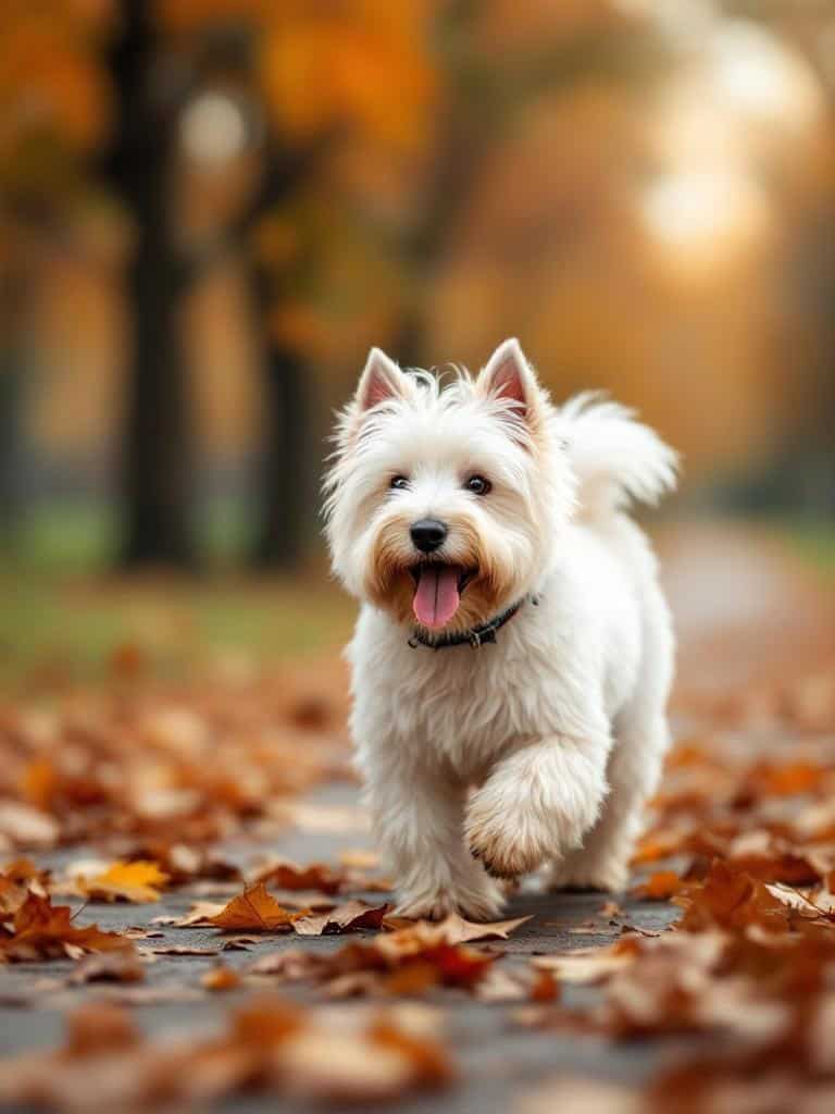 A Westie Terrier with a feathered haircut, walking through autumn leaves.