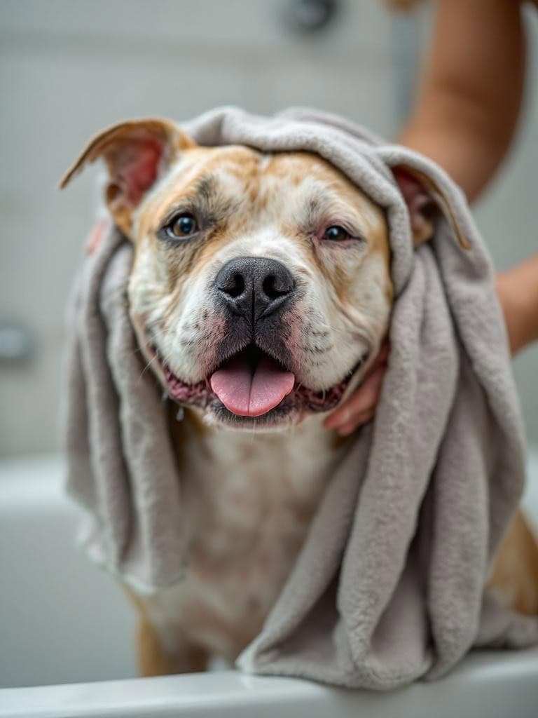 A Staffordshire Bull Terrier with a towel on its head, looking happy after a bath.