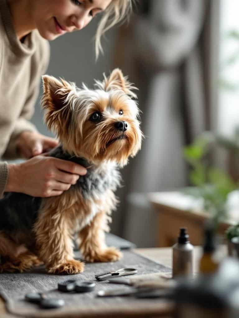 A person grooming a Yorkshire Terrier at home with grooming tools on the table.