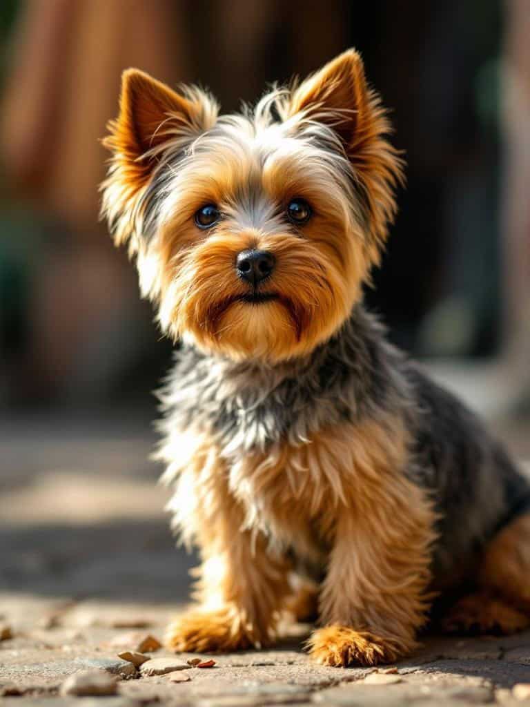 A cute Yorkshire Terrier sitting outdoors with a shiny coat