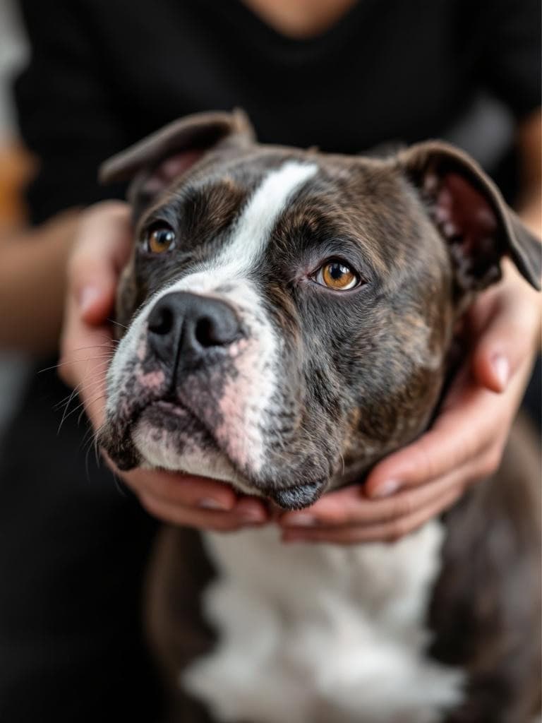 A close-up of a Staffordshire Bull Terrier being gently held by a person, showcasing a calm interaction.