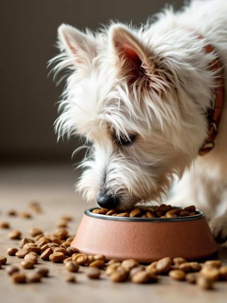 A West Highland White Terrier eating from a bowl of kibble, with some kibble scattered around.