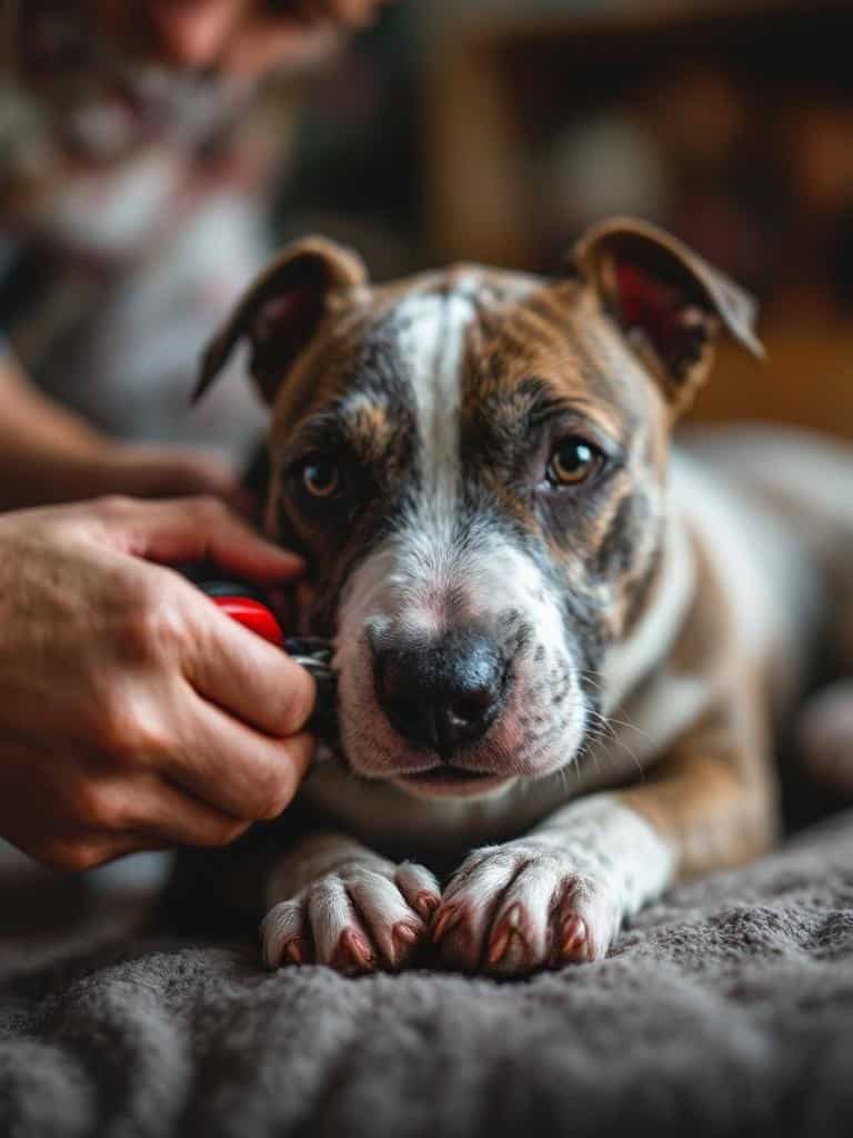 A person trimming the nails of a Staffordshire Bull Terrier, showing a calm interaction.