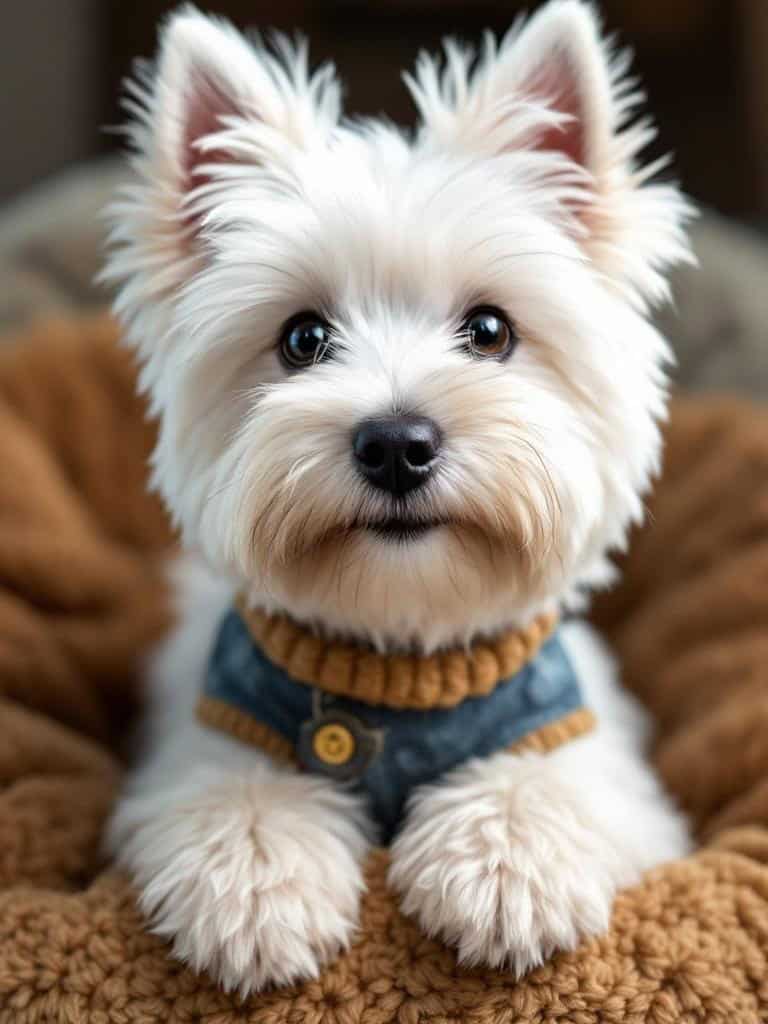 A Westie Terrier with a fluffy Teddy Bear Trim hairstyle, wearing a cozy sweater.