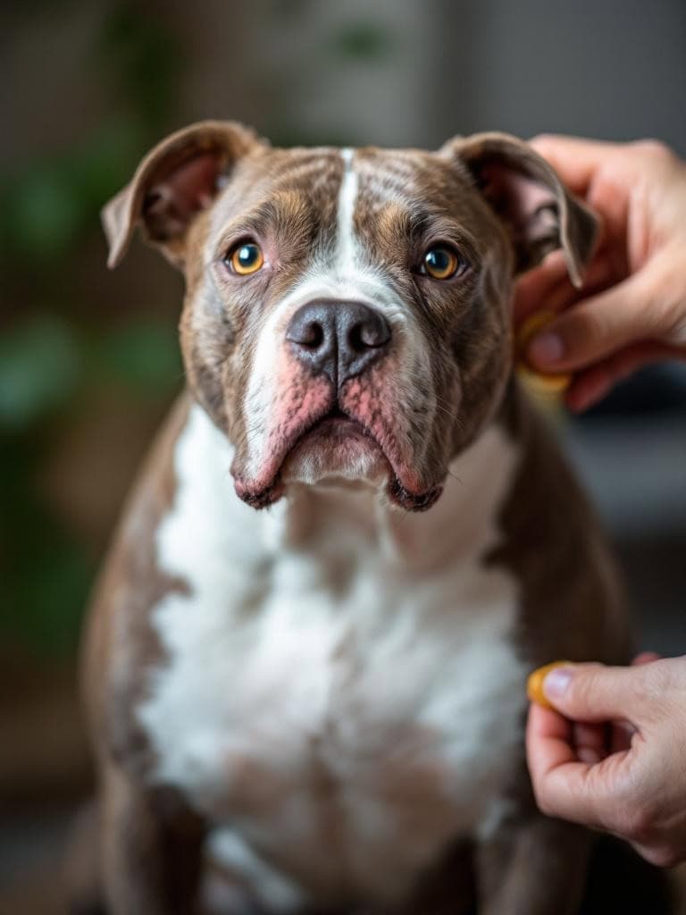 A Staffordshire Bull Terrier receiving gentle attention during grooming.
