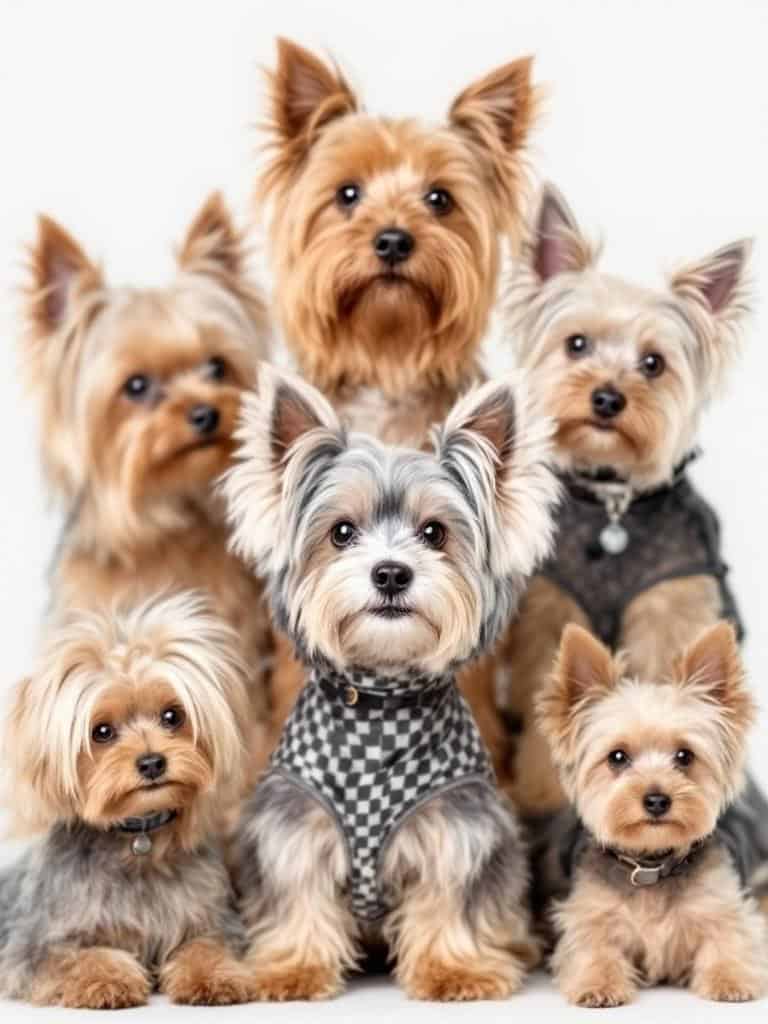Three Yorkshire Terriers sitting together, showcasing their beautiful coats.