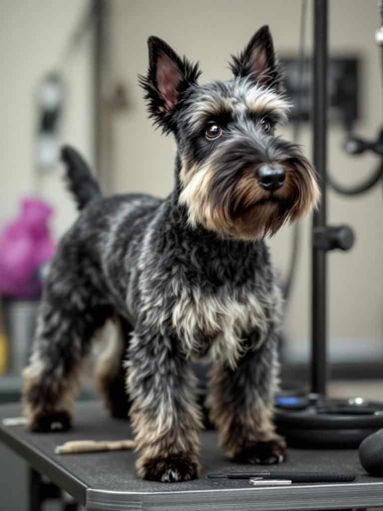A Scottish Terrier with a stylish haircut standing on a grooming table.