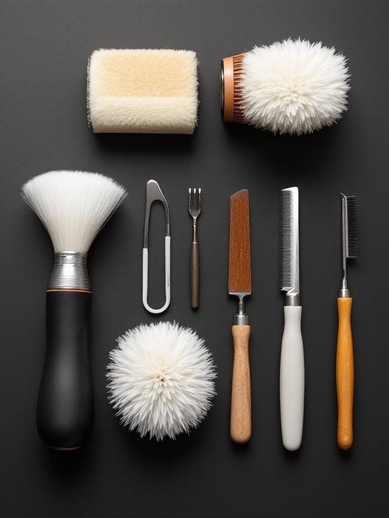A variety of grooming tools for Boston Terriers including scissors, slicker brush, grooming rake, nail clippers, and grooming glove.