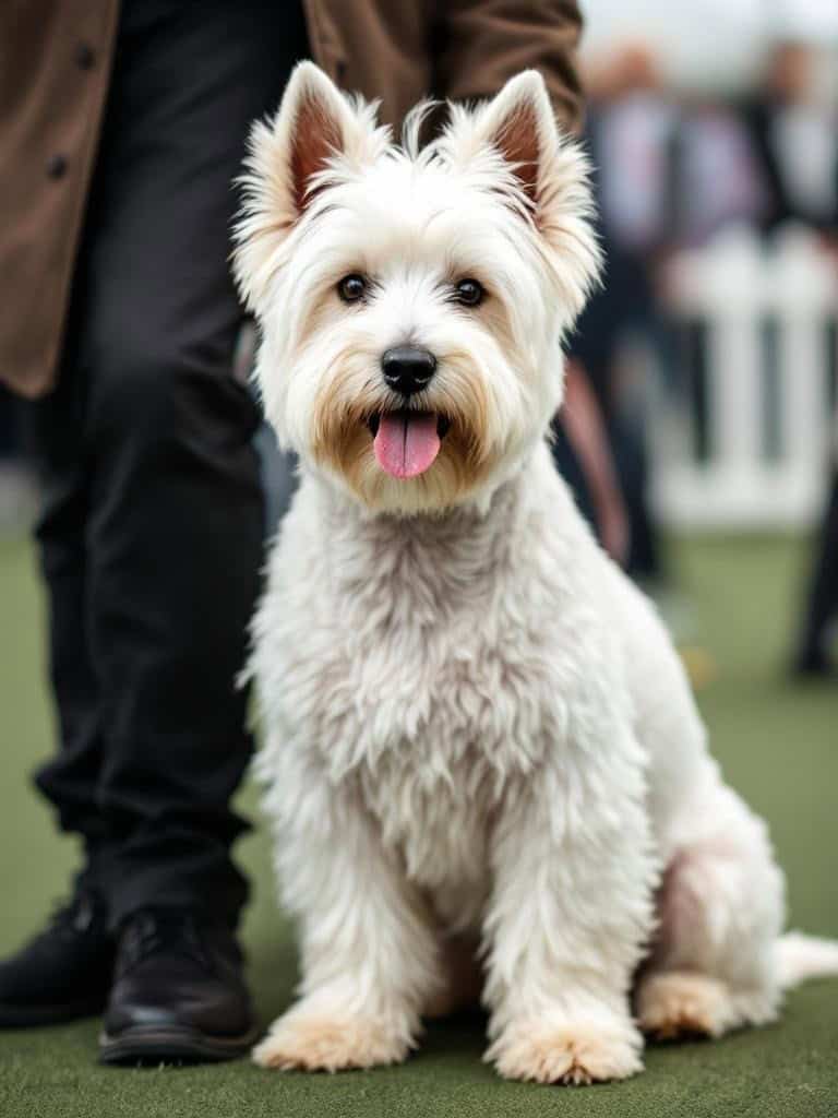 A Westie Terrier with a classic groom, showcasing its fluffy coat and bright eyes.