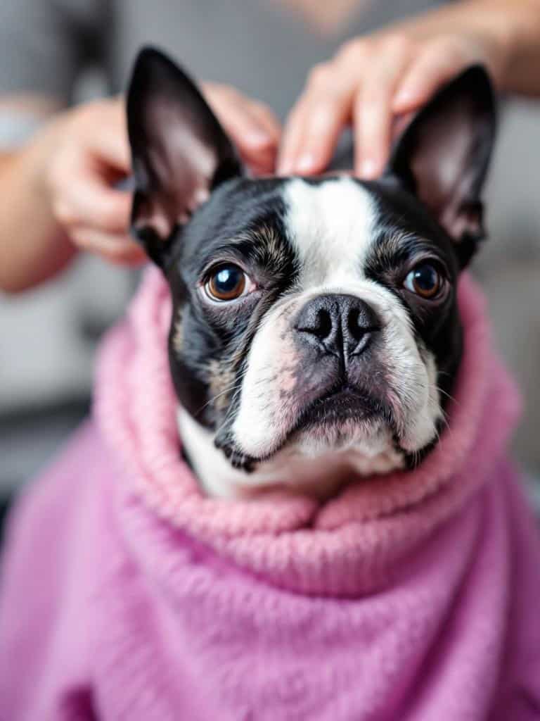 A Boston Terrier wrapped in a pink blanket, looking calm while being groomed.