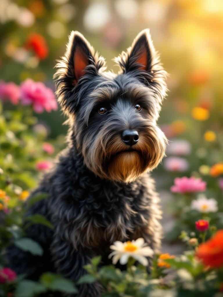 A Scottish Terrier with charming curls, surrounded by colorful flowers.