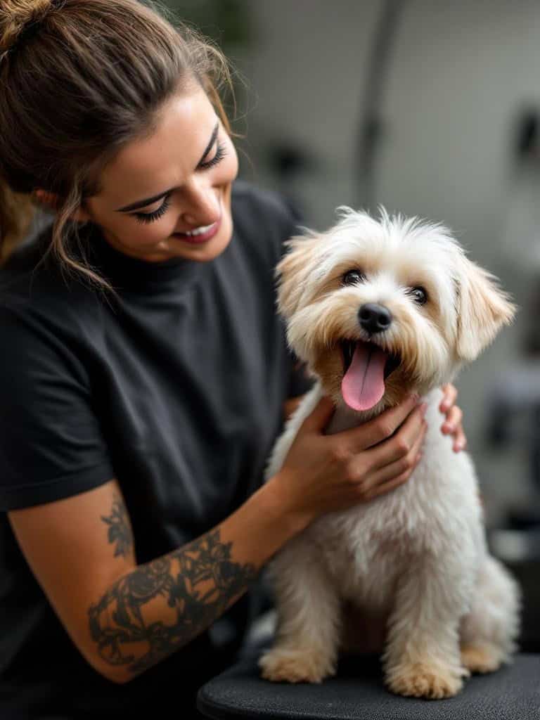 A woman happily grooming her West Highland White Terrier at home.