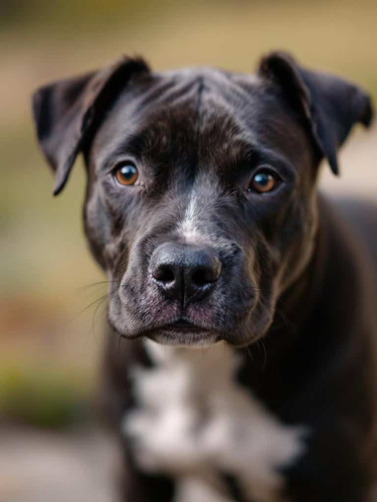 Close-up of a Staffordshire Bull Terrier with a smooth coat and expressive eyes.